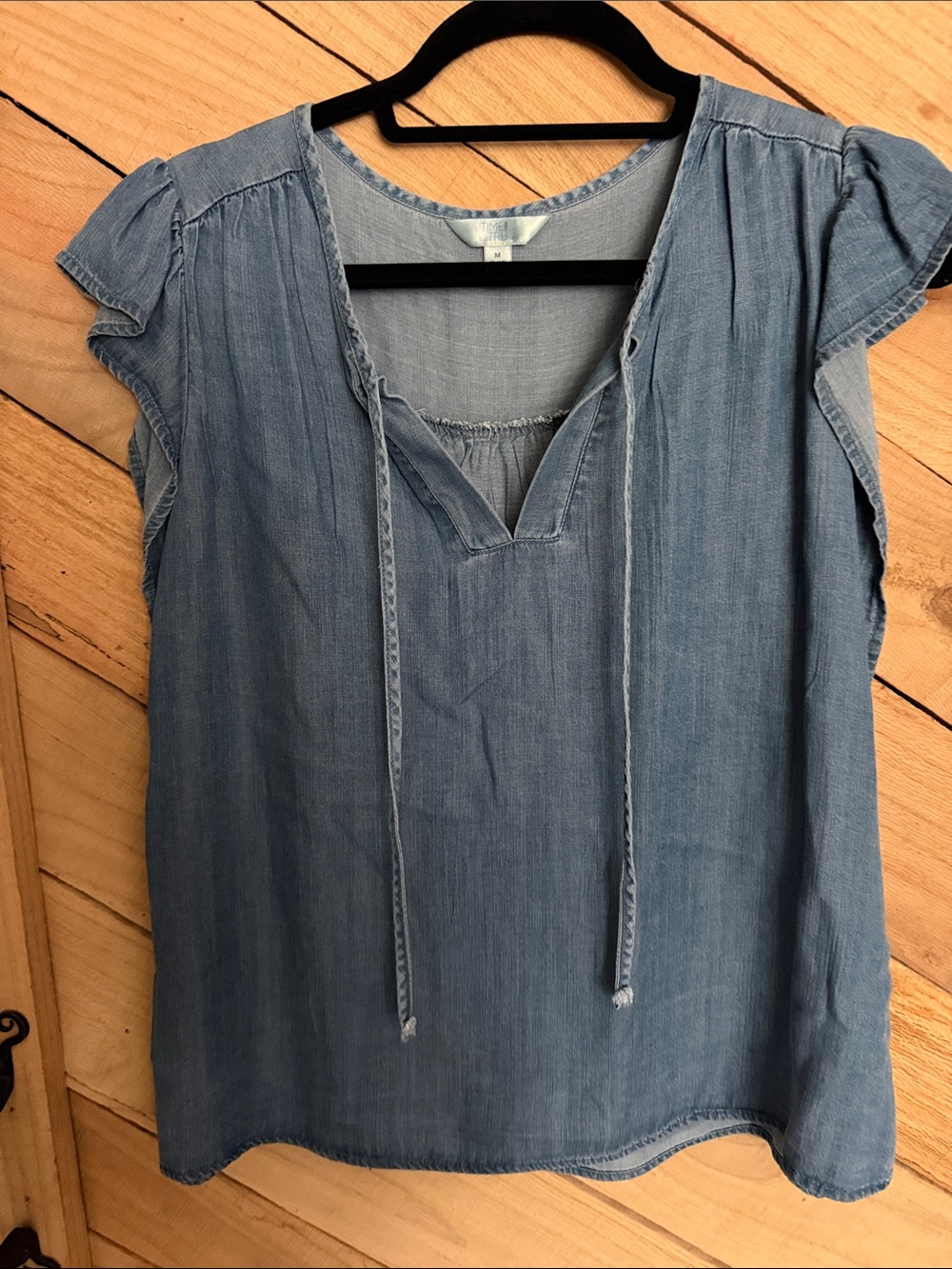 Time and Tru Light Blue Denim Tie-Neck Peasant Top